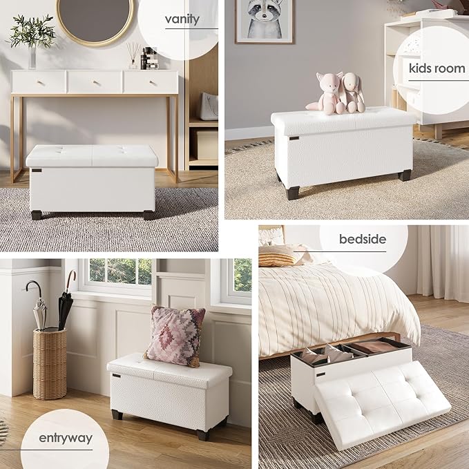 STORAGEBUD Storage Ottoman Bench with Bins, 30-in Storage Bench for Bedroom End of Bed, Folding Foot Rest Ottoman for Living Room Max 660lbs, Faux Leather Ottomans, Cream