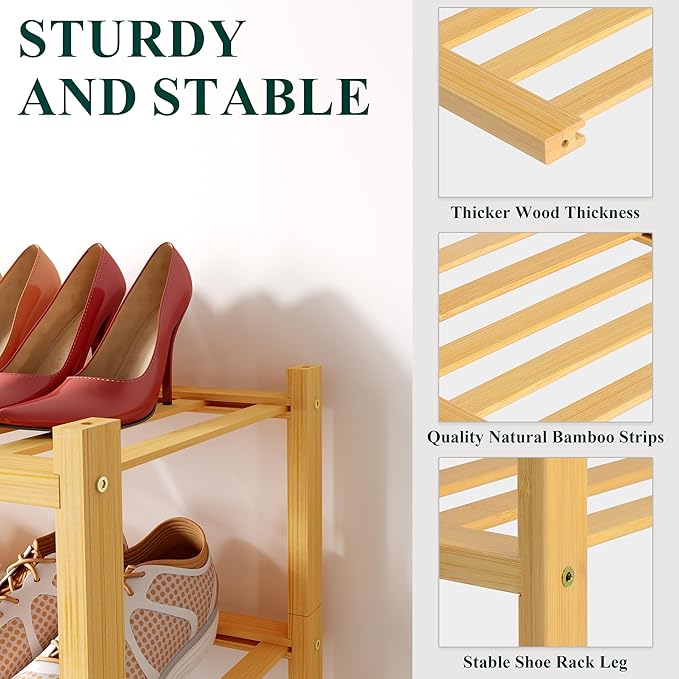 Smiry Shoe Rack, 3 Tier Small Bamboo Shoe Organizer, Stackable Free Standing Wooden Shoe Storage Shelf for Closet, Entryway, Front Door Entrance, Natural