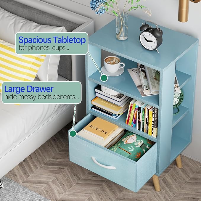 Night Stand, Blue Kids Nightstand with Drawer, Nursery Side Table with Open Storage, 3-Tier Modern End Table, Bedside Table for Small Space, Living Room, Bedroom