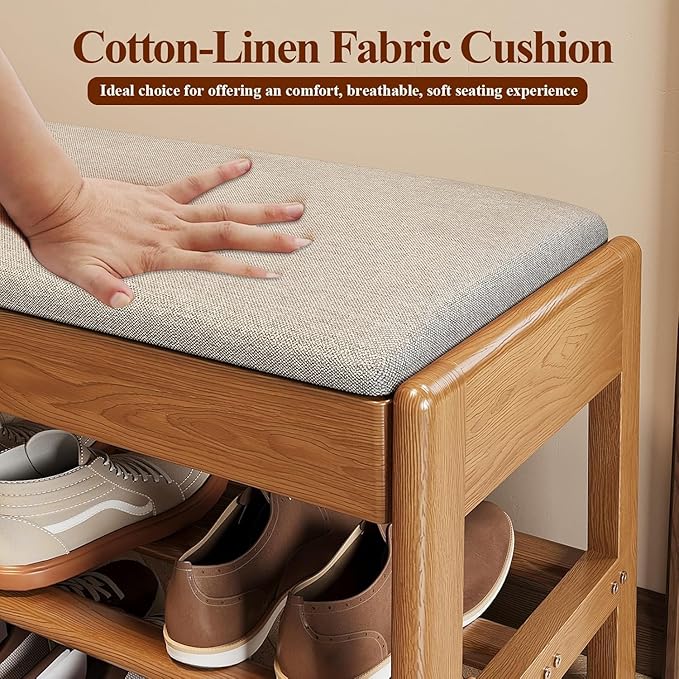 Shoe Rack Bench with Cotton-Linen Cushion 2-Tier Wooden Storage Bench 550lbs Compact Simple & Modern Design for Entryway, Hallway, Bedroom, Living Room, Closet, Front Door Entrance, Foyer