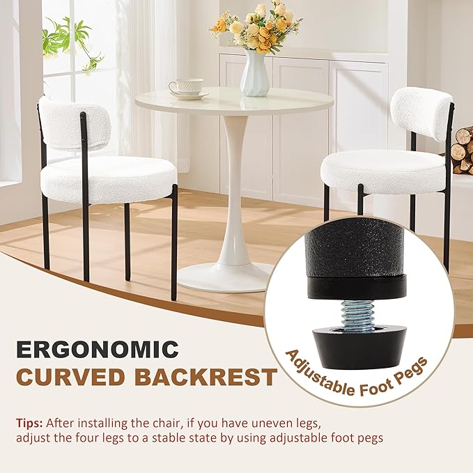 Dining Chairs Set of 2, White Boucle Dining Chair, Curved Backrest Upholstered Dining Room Chairs with Black Metal Legs, Mid Century Modern Dining Chairs for Kitchen, Living Room, White