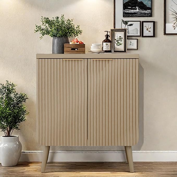 Buffet Cabinet, Sideboard Fluted Cabinet Modern Kitchen Buffet Storage Cabinets with Doors and Shelves, Wood Farmhouse Coffee Bar Station for Entryway & Dining Room & Living Room, Natual Oak