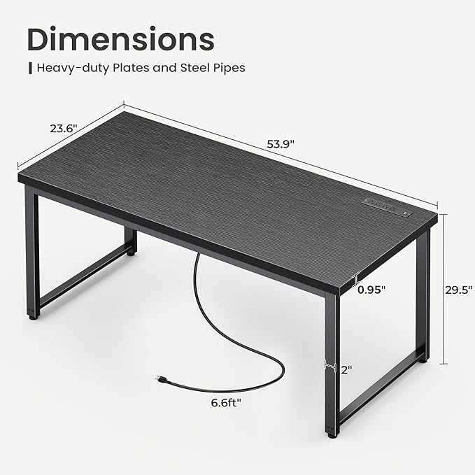 Huuger 55 x 24 inch Desk with Power Outlets & USB-C, Deeper & Thicker Desktop, Robust Metal Tubes, Computer Desk, Heavy Duty Office Desk, Work Gaming Desk for Home Office, Black
