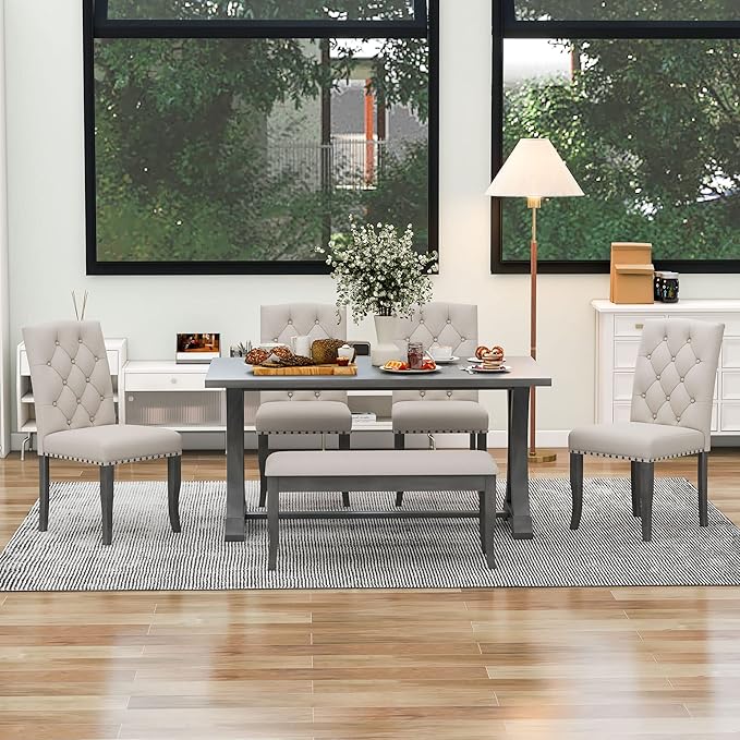 Ball & Cast Dining Table Set for 6, 60" Rectangular Dining Room Table with 4 Upholstered Chairs and 1 Bench, 6-Piece Farmhouse Dining Furniture Set with Solid Wood Legs for Kitchen,Antique Gray