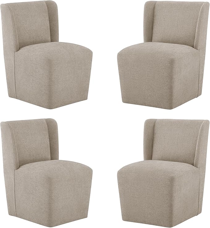 Upholstered Dining Chair with Casters Wingback Modern Side Armless Deskchair with Rollers for Diningroom Bedroom Livingroom Reading Room,Khaki,4 Box