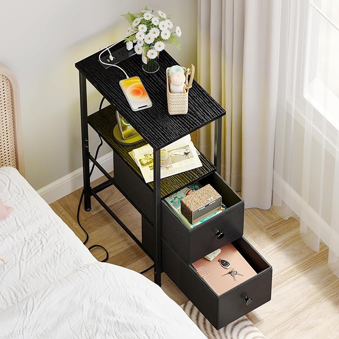 Fixwal Narrow Side Table with Charging Station and LED Light, Skinny Nightstand with 2 Fabric Drawers, Slim End Table for Bedroom, Dorm, Small Space, Black