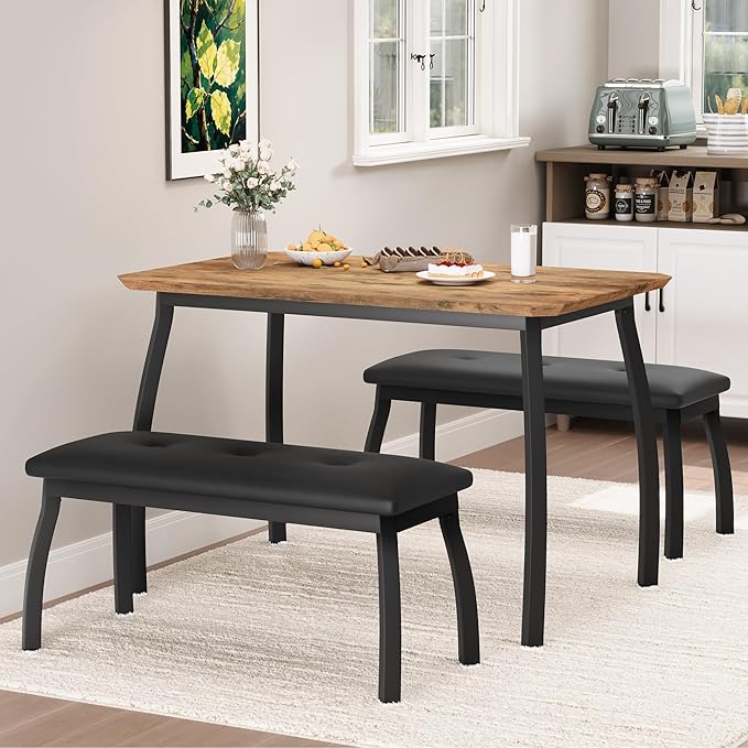 GAOMON Dining Table Set for 4, Metal Frame Kitchen Table Set with 2 Upholstered Bench, 3 Piece Dining Room Table Furniture for Apartment, Studio, Home, Easy Assembly, Retro Brown