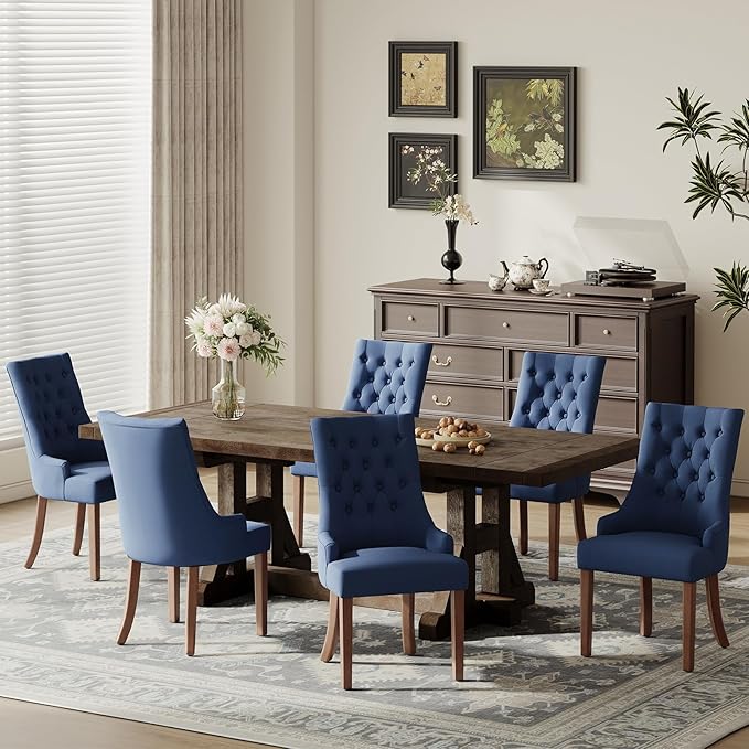 COLAMY Wingback Upholstered Side Dining Room Chairs Set of 6, Fabric Dining Chairs with Tufted Button, Living Room Chairs for Home Kitchen, Blue