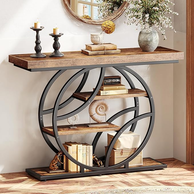 Huuger 41.3 Inch Entryway Table, Industrial Console Sofa Table with Storage, Accent Table with Shelves, for Entry, Hallway, Entrance, Foyer, O-Shaped Metal Frame, Rusitc Brown