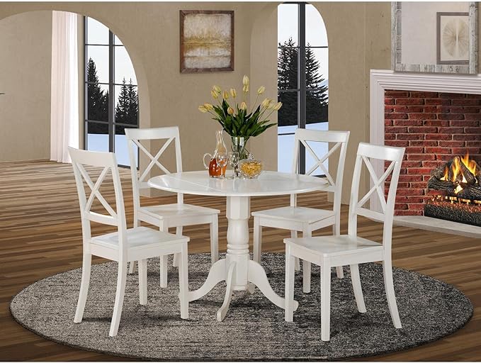 East West Furniture DLBO5-WHI-W 5 Piece Kitchen Table Set for 4 Includes a Round Dining Room Table with Dropleaf and 4 Solid Wood Seat Chairs, 42x42 Inch, Linen White