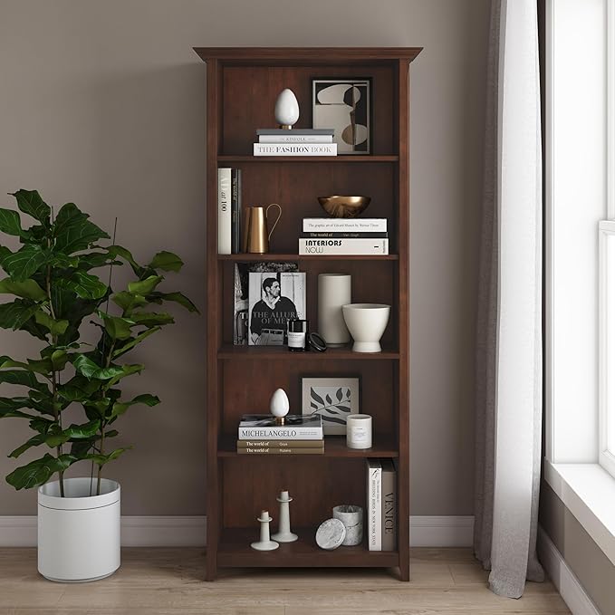 SIMPLIHOME Amherst Bookcase - 70 inch Tall 5-Shelf Solid Wood Bookshelf in Russet Brown, Transitional Storage for Living Room, Study Room or Office with Adjustable Shelves and Tapered Legs