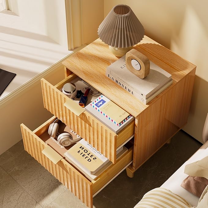 Urban Deco Nightstand Set of 2, Mid Century Modern Nightstand with 2 Storage Drawers, Wooden End Table with 2 Fluted Drawers, Bedside Table with Solid Wood Legs for Bedroom (Natural)
