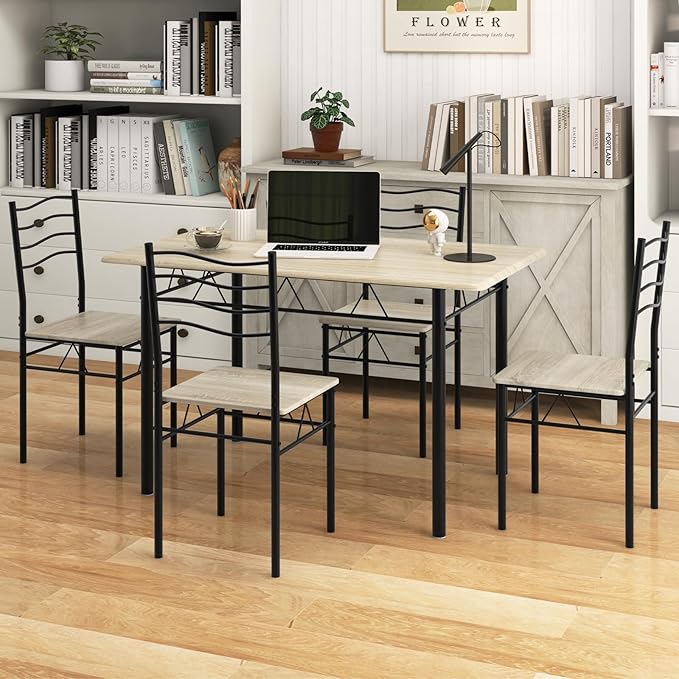 5 PCS Dining Table Set Counter Height Table and Chairs Set W/Steel Structure Dining Desk, 4 High Backrest Chairs & Anti-Slip Pads Dining Furniture Set for Kitchen and Restaurant(Beech Wood)