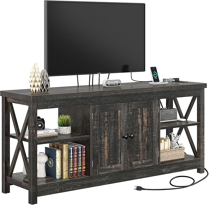 YITAHOME TV Stands for Living Room, Modern Entertainment Center with Power Outlet for Television up to 65 Inch, Farmhouse Media Console TV Cabinet with Adjustable Shelf & Open Shelves, Dark Rustic Oak