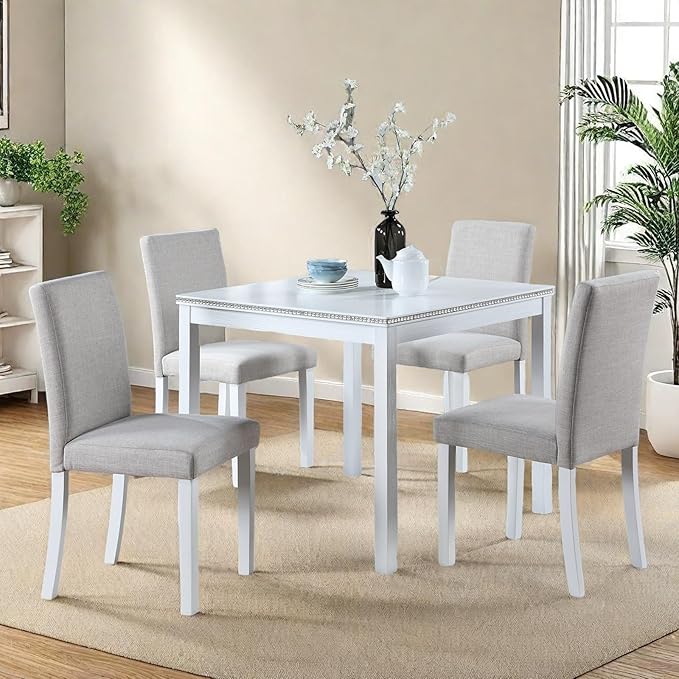 Dining Table Set for 4, 5-Piece Kitchen Table & Chairs Set with Versatile Square Table & 4 Upholstered Chairs, 34.5'' Dinner Set with Crystal Decorations & Wood Grain Design, Light White