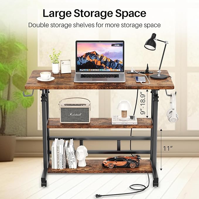 Adjustable Height Standing Desk with Power Outlets, Rolling Stand Up Desk with Storage Shelves, 31.5" Small Mobile Computer Desk, Portable Laptop Table (Brown)
