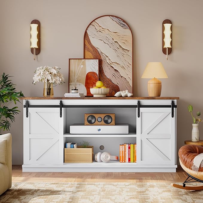YESHOMY TV Stand for Televisions up to 65 Inchs, with Sliding Barn Doors and 4 Storage Drawers, Console Table and Media Furniture for Living Room, 58 Inch, Milk White