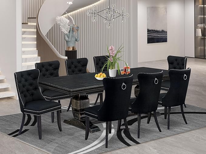 NKDA9-SBB-24-9-pc Dining Room Set Consists of a Rectangular Table and 8 Black Polyester Fabric Dining Chairs with Button Tufted Chair Back - Sand Blasting Black Finish.