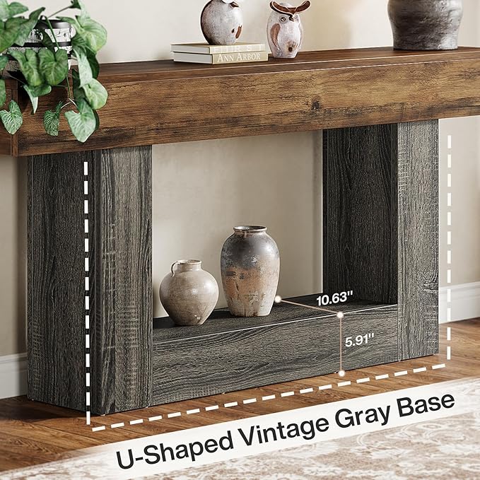 Tribesigns 63" Console Table, Farmhouse 2-Tier Entryway Table with U-Shaped Base, Narrow Long Wood Sofa Table Behind Couch Table for Living Room, Hallway, Foyer, Vintage Brown & Gray