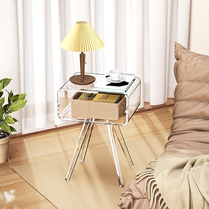 Acrylic Side Table, Acrylic Nightstand Bedside Table for Bedroom (Clear, 16.5'' x 11.8'' x 21.6'')