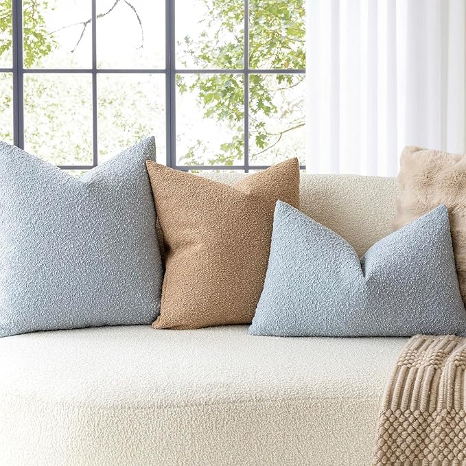 Foindtower Set of 2, Decorative Textured Boucle Throw Pillow Covers Accent Solid Pillow Cases Soft Cozy Couch Cushion Case for Chair Sofa Bedroom Living Room Home Decor 16 x 16 Inch Taupe Khaki Camel