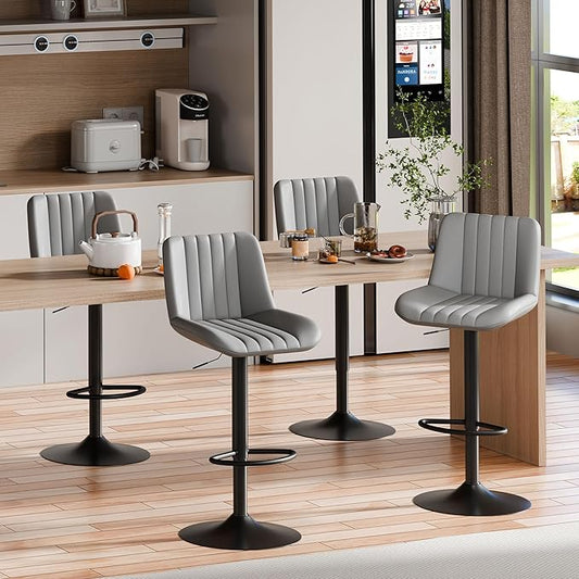 Shintenchi Swivel Bar Stools Set of 4, Adjustable Faux Leather Upholstered Swivel Counter Stools, Armless Bar Height Island Chairs with Back and Footrest, Gray