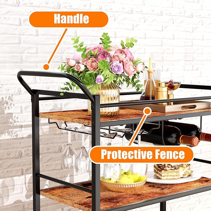 Bar Cart, Home Bar Serving Cart, 3-Tier Drink Cart with Wine Rack, Glass Holder, Wine cart with One-Piece Wood Shelves, Rolling Bar Cart for Kitchen, Dining Room, Living Room, Rustic Brown