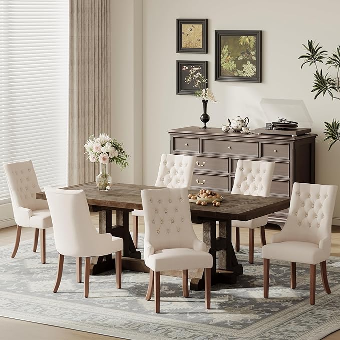 COLAMY Fabric Side Dining Chairs Set of 2, Wingback Upholstered Dining Room Chairs with Tufted Button, Living Room Chairs for Home Kitchen, Beige
