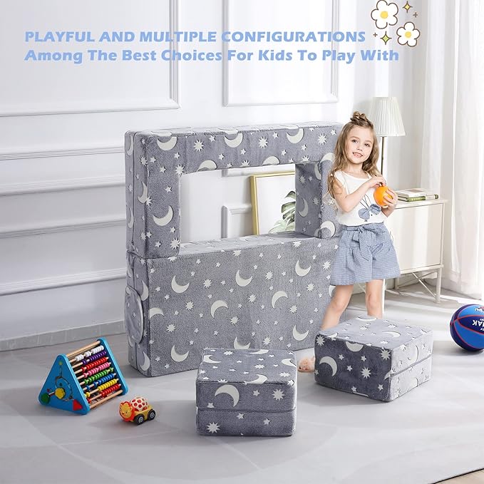 Kids Couch, Glow in The Dark Modular Kids Explore Sofa for Toddler 3 in 1 Fold Out Kids Toddler Sofa, Convertible Plush Toddler Couch with Washable and Durable Covers