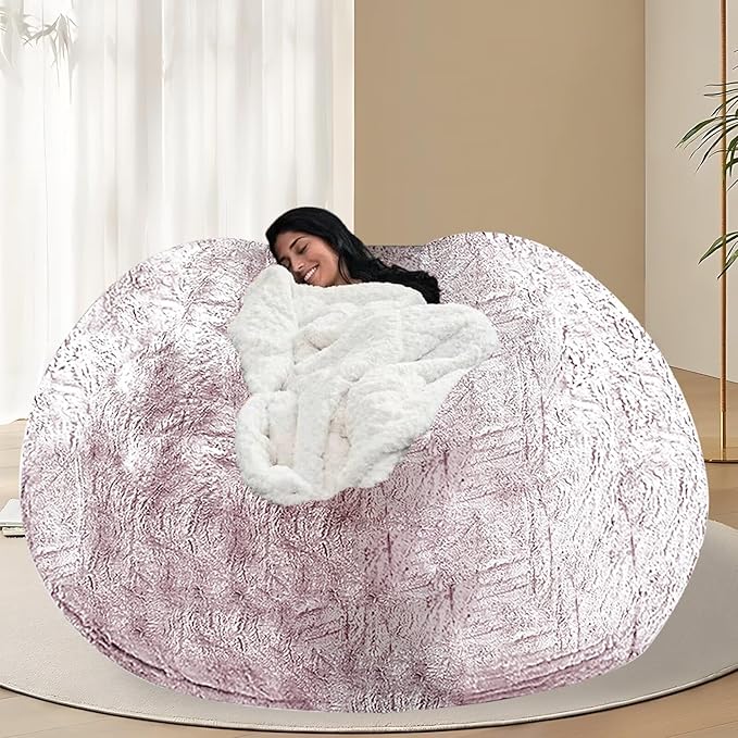 BCU Oversized Bean Bag Cover Comfy Beanbag Chair for Adults Without Filler Faux Fur Floor Chair Lazy Sofa Cover Comfy for Living Room Chairs, Silver Red, 5FT