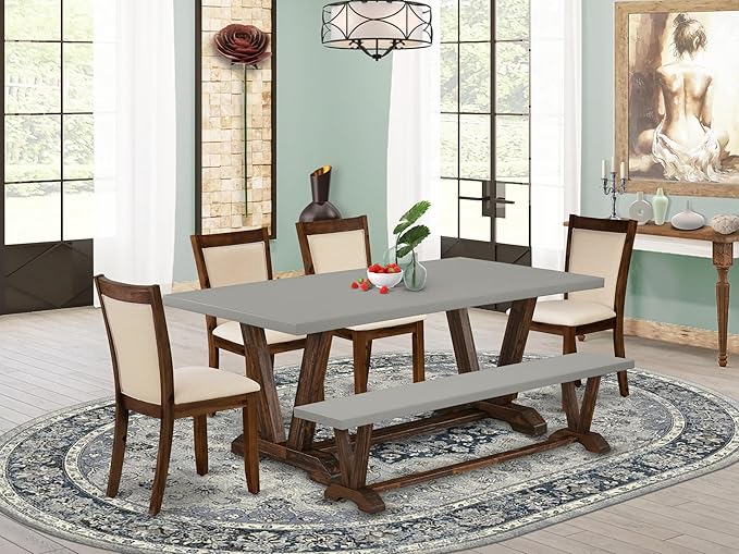 East West Furniture V797MZN32-6 6 Piece Dining Set Contains a Rectangle Dining Room Table with V-Legs and 4 Light Beige Linen Fabric Upholstered Chairs with a Bench, 40x72 Inch, Multi-Color