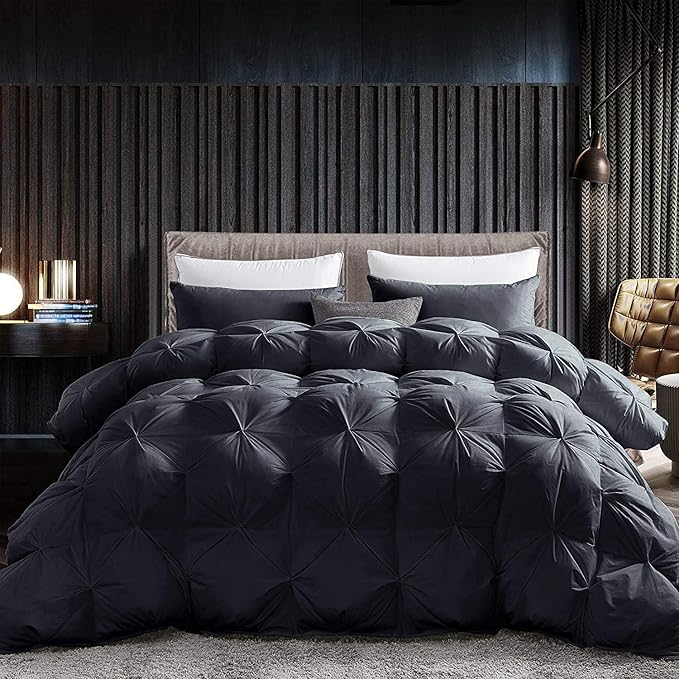 Luxurious Goose Down Feather Fiber Comforter Duvet Insert, Exquisite Pinch Pleat Black Design, Oversize Palatial King 120 x 98, Premium Baffle Box 100% Egyptian Cotton, 90 oz Fill Weight