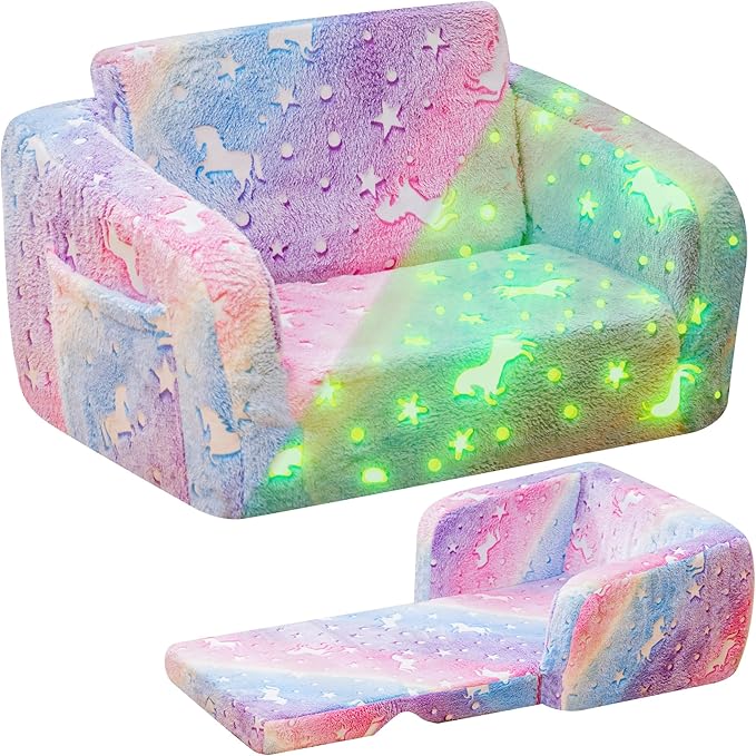 Lamerge 2-in-1 Soft Toddler Couch Fold Out,Foldable Toddler Chair, Glow in The Dark Kids Sofa for playroom,Convertible Foam and Floor Cushion for Boys and Girls (Rainbow and Unicorn)
