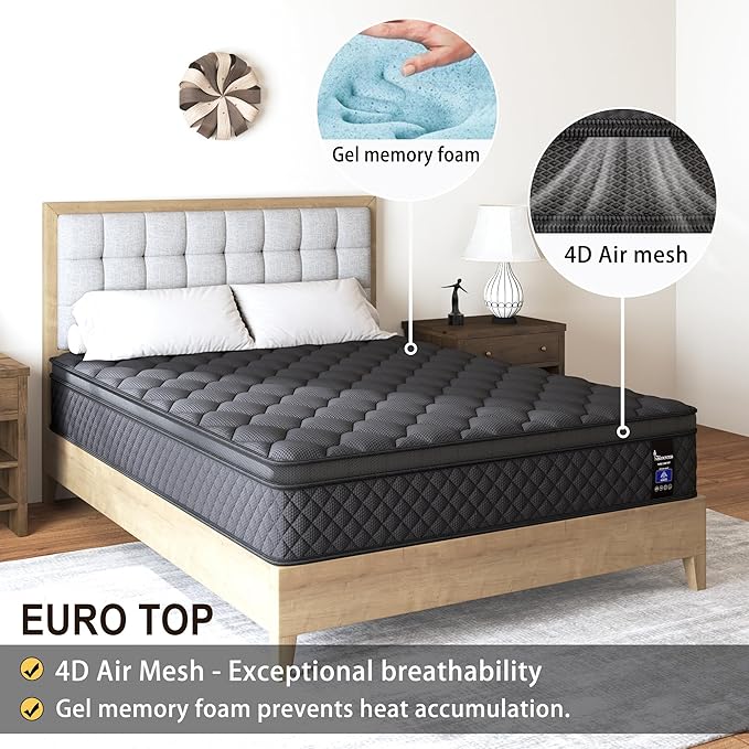 Full Mattress, Hybrid Mattresses 10 Inch Euro Top Medium Firm for Back & Lumbar Support, 100 Night Trial, Individual Pocket Spring Bed for Motion Isolation & Pressure Relief Black