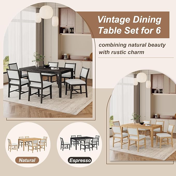 Merax 7 Pieces Retro Dining Set for 6, Rectangular Wood Dining Table with 6 Upholstered Chairs for Kitchen, Living Room, Espresso