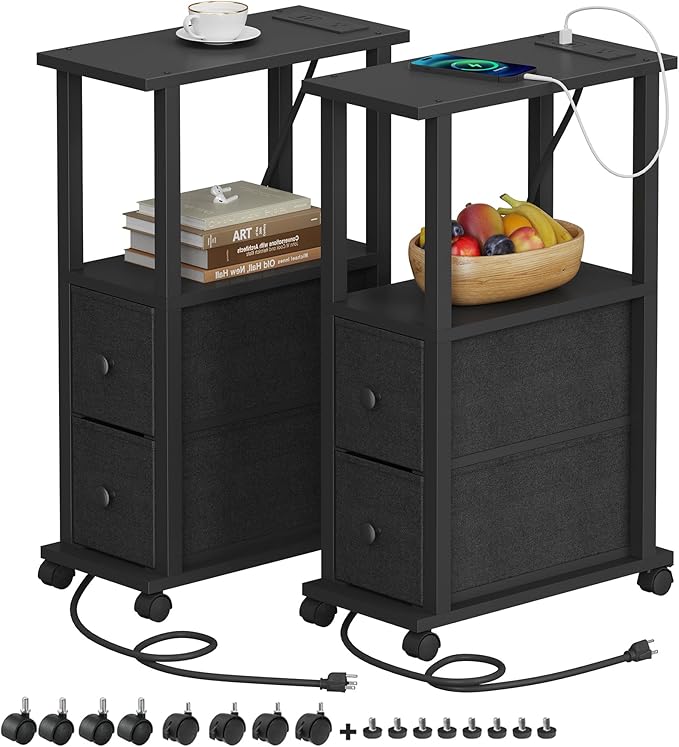 TUTOTAK Small Narrow End Tables, Side Tables with 2 Fabric Drawers, Set of 2, Bedside Tables with Charging Station for Small Spaces, Slim Nightstands with USB Ports and Wheels, TB01BK053