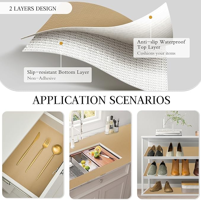Beautysaid Shelf and Drawer Liner for Kitchen Cabinet, Non Adhesive Non Slip Shelf Paper Waterproof Washable Thickened for Dresser Pantry Shelve Bathroom Protector Liner(Beige,12 in x 30 FT)