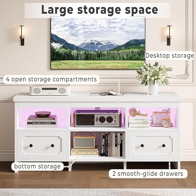 IRONCK TV Stand for 65 Inch TV, 55" LED Entertainment Center with Storage Cabinets, Power Outlets and Open Shelf, Media Console TV Cabinet with Drawers for Living Room, White