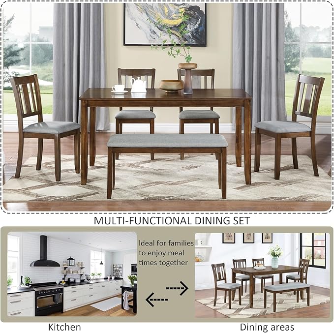 KEIKI 6-Piece Standard Height Dining Table Set with Rectangular Table, 4 Upholstered Slatted Backrset Chair, Bench, for 6 Person, Modern Table Set, Easy Assembly, for Kitchen, Dining Room, Walnut
