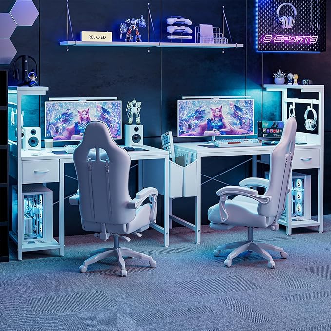 Gaming Desk 47 Inch with Power Outlet and LED Light, Computer Desk with Reversible Shelves and Storage Drawer, Pc Small Desk for Home Office Table with Bag, Carbon Fiber White