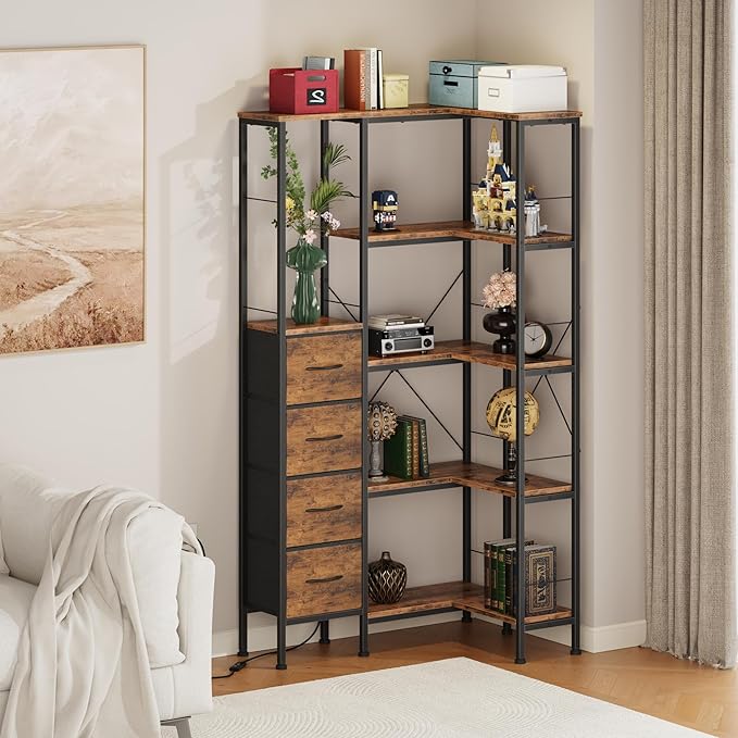 Corner Bookshelf with LED Light Strips & 4 Fabric Drawers, 5-Tier Convertible Corner Shelf with Display Shelf, Large Wood Industrial Bookcase for Living Room, Bedroom, Home Office, Rustic Brown