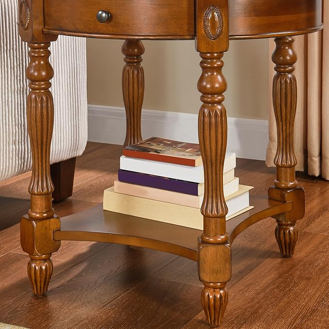 LEEMTORIG Oval Round End Table, 2-Tier Solid Wood End Table Side Table with Drawer, Victorian Vintage Nightstand for Bedroom Living Room Hallway, 28" W x 22" D x 24.2" H, Caramel Brown CJZ-1533-MG