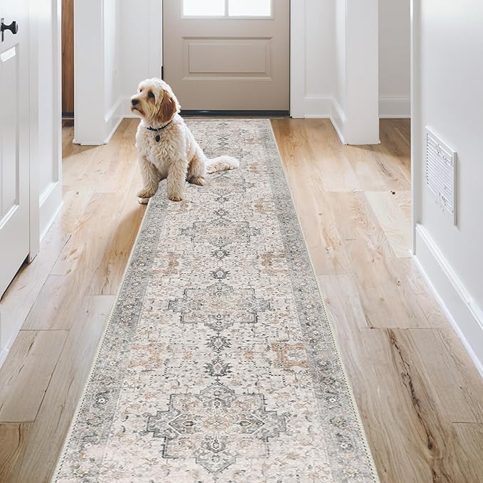 GENIMO Runner Rug 2x10 Machine Washable Non Slip Vintage Hallway Runner Rug, Low Pile Lightweight Rugs for Indoor Entryway, Hallway, Kitchen and Corridor, Light Taupe Brown