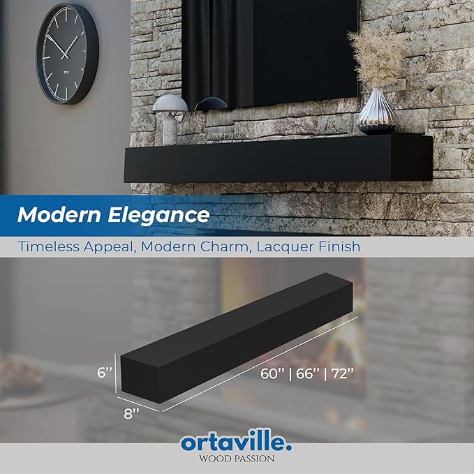 60" Floating Mantel Shelf - Modern White Fireplace Mantel with Matte Lacquer Finish for Living Room Elegance (60", Black)