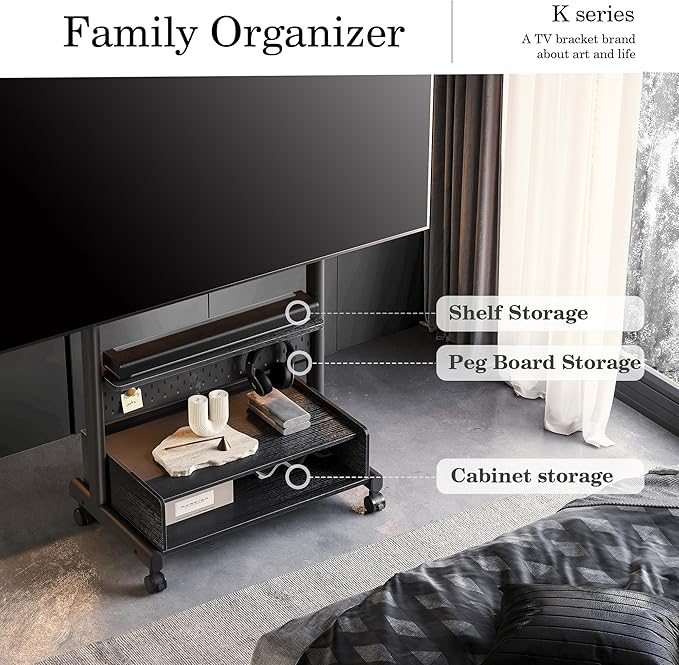 FITUEYES Rolling TV Floor Stand for 40-85in TVs, Heavy Duty Mobile TV Stand on Wheels Lockable, TV Cart with Wooden Large Storage Shelf & Pegboard Hold up to 132 lbs for Bedroom, Living Room, Office