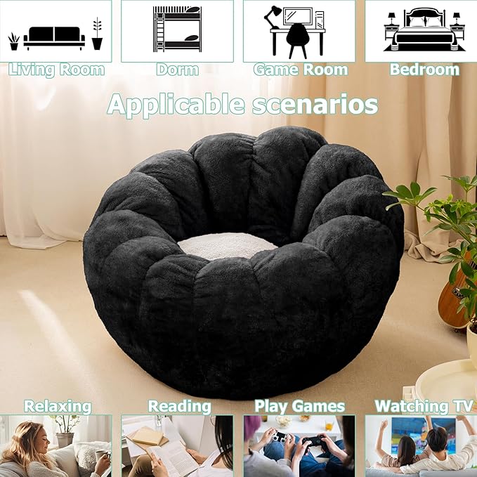 Pumpkin Bean Bag Sofa Chair, Bean Bag Chair with Filler for Teens, Kids, Toddler, Comfy and Lazy Sofa for Dorm, Apartment, Living Room and Bedroom, Black