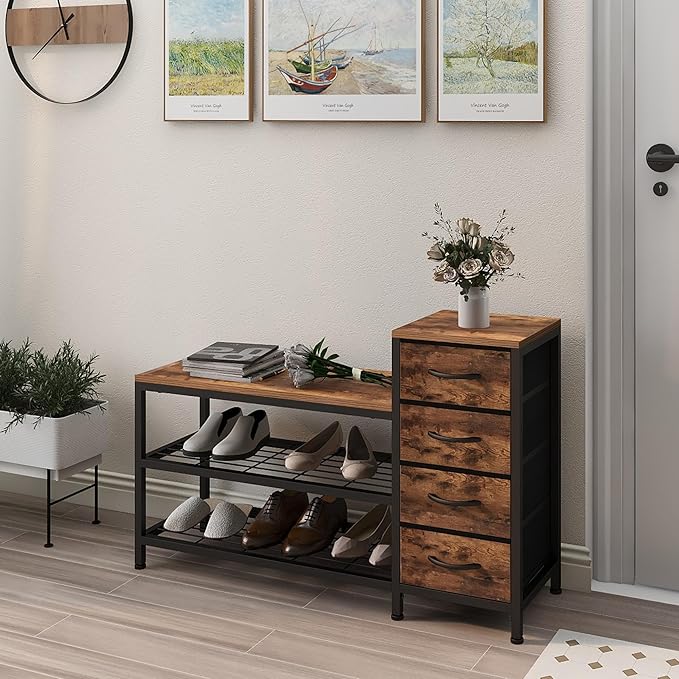 EXOTICA 3-Tier Shoe Storage Bench Industrial Entryway Shoe Rack with 4 Drawers and Seating Shoe Shelf Storage Cabinet for Hallway Front Door Doorway Living Room Mudroom Steel Frame