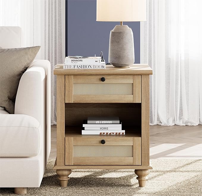 WAMPAT Rattan Nightstand Side Table with Charging Station, Light Wood End Table with 2 Drawers for Living Room, Rustic Farmhouse Night Stand Bedside Table for Bedroom, Oak