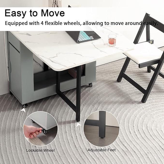 Foldable Space Saving Dining Table Extendable, Folding Dining Table with Storage and Wheels 2-Layers, Versatile Drop Leaf Table Modern for Living Room, Kitchen, RV Campers (Grey)
