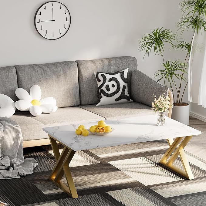 Coffee Table Living Room Table White Center Table, Simple Modern Faux Marble Rectangular Tea Tables with Sturdy Gold Metal Frame,Industrial Wooden Coffee Table for Bedroom Home Office